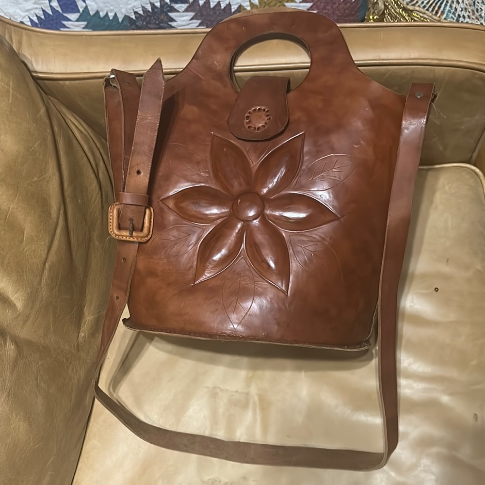 Handcrafted Brown Leather Tote with Floral Embossing